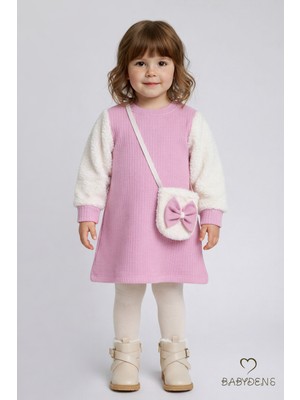 Babyden's Bayramlık Şık ve Rahat Kız Bebek Elbise Çantalı Yumuşak Peluş Kollu Kışlık Çocuk Kombini