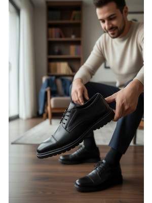Enoch Erkek Siyah Hakiki Deri Klasik Ayakkabı Pürüzsüz Saya ve Kalın Dişli Comfort Tabanlı Bağcıklı Model