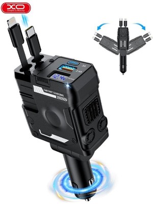 Xo 104W Dahili Type-C ve Lightning Kablolu USB-A & USB-C Çıkışlı Dijital Göstergeli Araç İçi Şarj Aleti