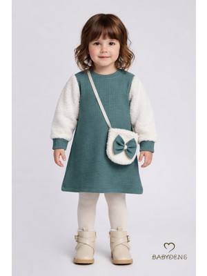 Babyden's Bayramlık Şık ve Rahat Kız Bebek Elbise Çantalı Yumuşak Peluş Kollu Kışlık Çocuk Kombini