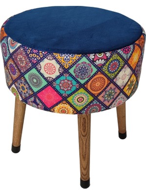 Ustaagac Renkli Mandala Desenli El Yapımı Puf – Ahşap Ayaklı Dekoratif Oturma Taburesi Mavi