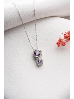 PremiumPort Mor Taşlı Çift Kalpli 925 Ayar Gümüş Rodyum Kaplama Kolye