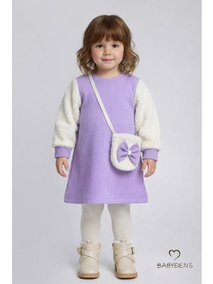 Babyden's Bayramlık Şık ve Rahat Kız Bebek Elbise Çantalı Yumuşak Peluş Kollu Kışlık Çocuk Kombini