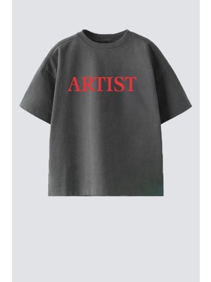 Monila  Çocuk Pamuklu Kısa Kol T-Shirt Günlük Stil Antrasit Renkli Baskılı