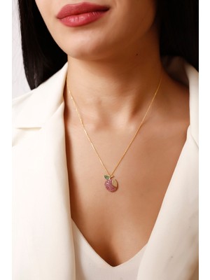 PremiumPort Ince Işçilikli Altın Kaplama Elma Tasarımlı 925 Ayar Gümüş Kolye