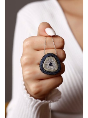 PremiumPort Büyük Boy Üçgen Göz Nazar Gümüş Kolye, Rodyum Kaplama, Şık Takı