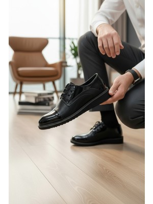 Enoch Erkek Siyah Hakiki Deri Klasik Ayakkabı Aynalı Parlak Saya ve Mikro Dokulu Panelli Bağcıklı Model