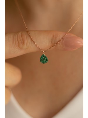 PremiumPort Minimal Damla Kolye, Yeşil Zümrüt ve Zirkon Taşlı Rose Gümüş Zincir