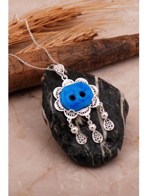 PremiumPort El Işlemeli Süryani Nazar Boncuklu Gümüş Kolye 6720