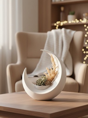 Pammuks Hilal Ay Dekoratif Saksı | Modern Minimal Mat Beyaz Masa Üstü Saksı