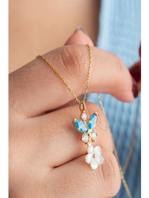 PremiumPort 925 Ayar Gold Sedefli Gül ve Mavi Taşlı Kelebek Kolye