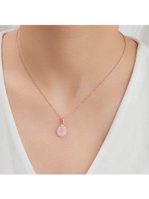 PremiumPort 925 Ayar Rose Kaplama Pembe Kuvars Taşlı Gümüş Kolye