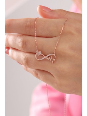 PremiumPort 925 Ayar Gümüş Zincirli Rose Kaplama Kalp Sonsuzluk Kolye