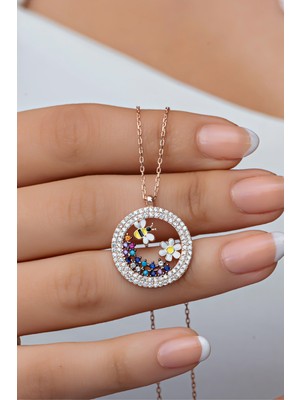 PremiumPort 925 Ayar Gümüş Rose Daire Arı ve Papatya Detay Kolye