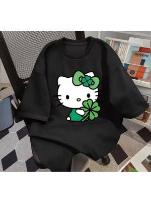 Punix Kids Punıx Kıds Özel Seri Yeşil Yoncalı Hello Kıtyy Baskılı %100 Pamuk Kız Çocuk Trend T-Shırt