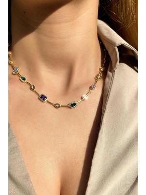 PremiumPort Renkli Baget Taşlı Geometrik Gümüş ve Altın Kaplama Kolye