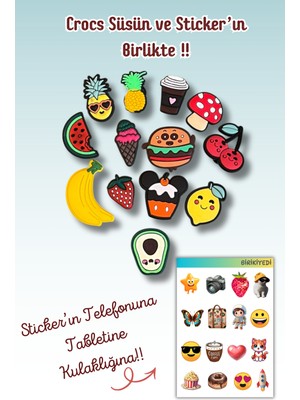 Birikiyedi 13'lü Set Jibbitz Terlik Süsü Meyveler Çilek,muz,kahve,karpuz,ananas