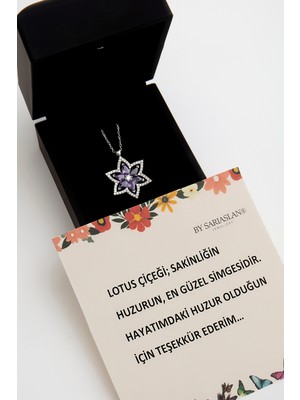PremiumPort Işıklı Ametist Taşlı Lotus Çiçeği Gümüş Kolye, Beyaz Altın Renk