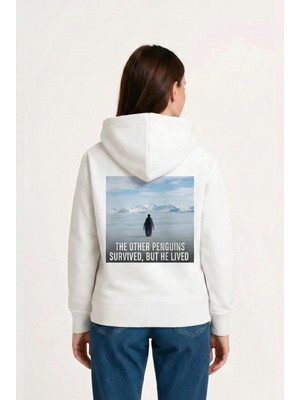 Beta Moda Hub Kadın Oversize Hoodie - Sırt Baskılı "survivor Penguin" Temalı, Felsefi Yazılı Kapüşonlu Sw
