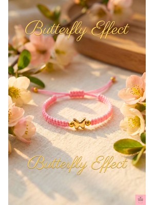 Crystal Atelier Pembe Ip Altın Kelebek Figürlü El Yapımı Makrome Bileklik- Ayarlanabilir Şık Kadın Bilekliği - Kelebekli Aksesuar- Kelebek Figürlü Bileklik- Bohem Stil Bileklik- Pembe Makrome Bileklik