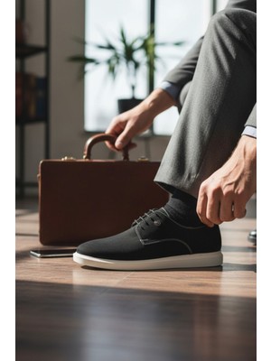 Enoch Erkek Siyah Süet Görünümlü Deri Klasik Ayakkabı Kontrast Beyaz Tabanlı Bağcıklı Günlük Model