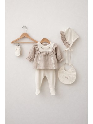 Müslin Çiçek Nakışlı Fırfırlı Kız Bebek Hastane Çıkış Zıbın Seti - Minicayzen