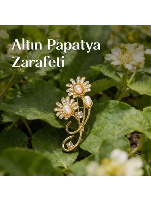 Taş Sandığı Incili Altın Renk Papatya Buketi Broş - Gerçek Inci