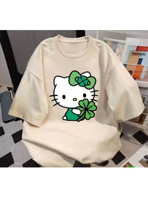 Punix Kids Punıx Kıds Özel Seri Yeşil Yoncalı Hello Kıtyy Baskılı %100 Pamuk Kız Çocuk Trend T-Shırt