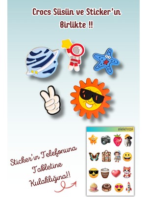 Birikiyedi 5'li Set Jibbitz Terlik Süsü Uzay Temalı Astronot,güneş,gezegen