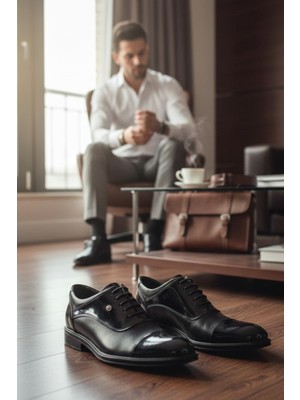 Enoch Erkek Siyah Hakiki Deri Klasik Ayakkabı Parlak Saya ve Mikro Perfore Panelli Bağcıklı Model