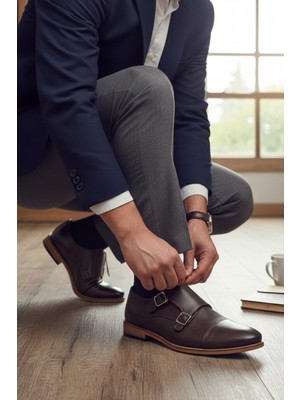 Enoch Erkek Siyah Hakiki Deri Klasik Ayakkabı Çift Tokalı Monk Strap Tasarımlı ve Mikro Dokulu Panelli Model