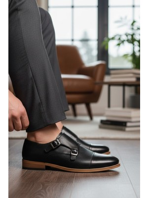 Enoch Erkek Siyah Hakiki Deri Klasik Ayakkabı Çift Tokalı Monk Strap Tasarımlı ve Mikro Dokulu Panelli Model