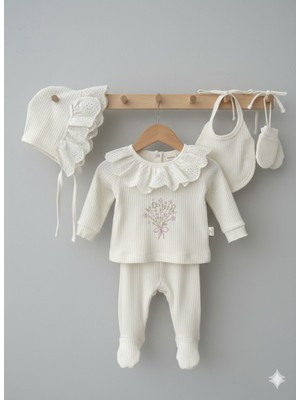 Çiçek Nakışlı Yakası Fırfırlı 5'li Hastane Çıkış Zıbın Seti - Minicayzen