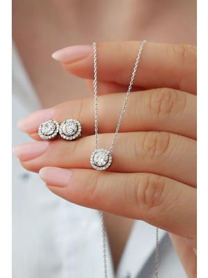 PremiumPort 925 Ayar Gümüş Pırlanta Model Kolye ve Küpe Seti Rodyum Kaplı