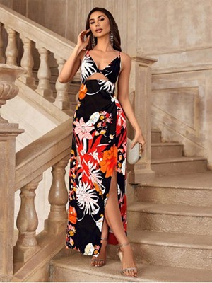 Sırt Dekolteli Pencereli Zincir Askılı Çiçek Desenli Yırtmaçlı Uzun Saten Kokteyl Elbise Siyah