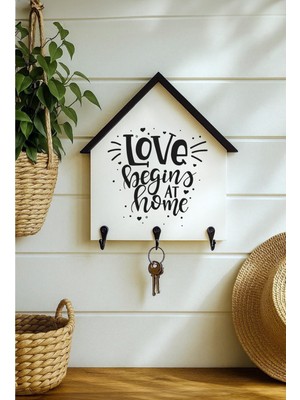 Muyika Dekoratif Ahşap Anahtarlık Askılık 25X24 cm – Mdf 3 Katlı Duvar Tipi Metal Kancalı, Love Begins