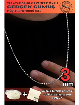 PremiumPort Şık Erkek Gümüş Zincir, 3mm Top Model, 925 Ayar Parlak Tasarım