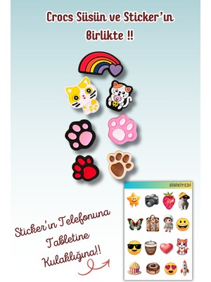 Birikiyedi 7 'li Set Jibbitz Terlik Süsü Kedi,pati ,gökkuşağı