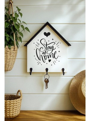 Muyika Dekoratif Ahşap Anahtarlık Askılık 25X24 cm – Mdf 3 Katlı Duvar Tipi Metal Kancalı, Stay At Home