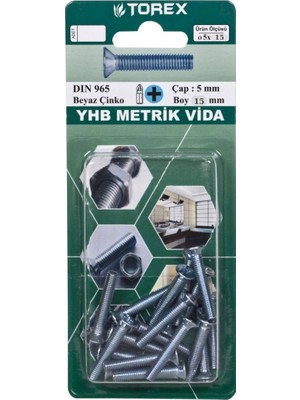 Torex Yhb Küt Uçlu Metrik Vida 5X15 mm DIN965, 1p=17 Adet