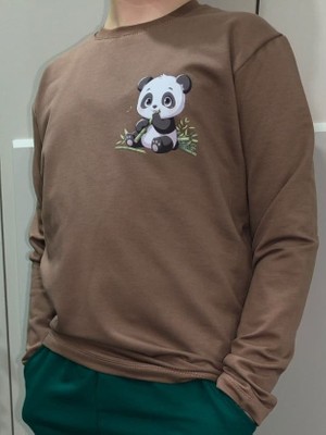 Pidal Giyim Sevimli Panda Baskılı Pamuklu Uzun Kollu Unisex Çocuk Sweatshirt