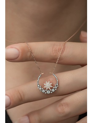 PremiumPort 925 Ayar Gümüş Ters Hilal Yıldız Kadın Kolye, Zarif ve Şık Tasarım