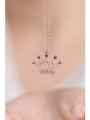 PremiumPort Göz Kamaştıran Taşlı Prenses Tacı 14K Rose Altın Kaplama Kadın Kolye