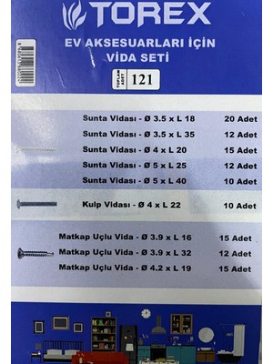 Torex Ev Aksesuarları Için Vida Seti, 1P=121 Adet