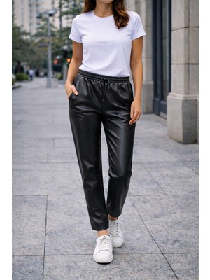 Rosidam Manşet Paça Detaylı Suni Deri Pantolon