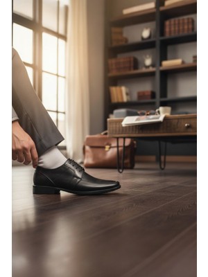 Enoch Erkek Siyah Hakiki Deri Klasik Ayakkabı Pürüzsüz Saya Küt Burunlu Bağcıklı Model