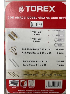 Torex Çok Amaçlı Dübel Vida ve Askı Seti, 1P=103 Adet
