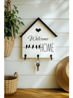 Muyika Dekoratif Ahşap Anahtarlık Askılık 25X24 cm – Mdf 3 Katlı Duvar Tipi Metal Kancalı, Wellcome Home