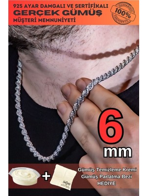 PremiumPort Şık Erkek Gümüş Halat Kolye 6mm Burma Model Zarif Takı