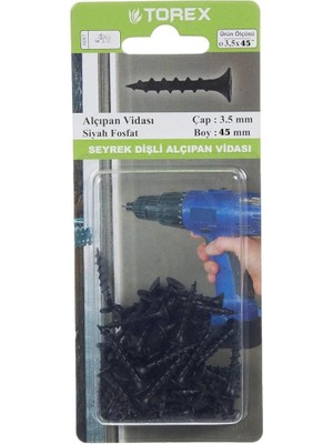 Torex Seyrek Dişli Alçıpan Vidası 3.5X45 Mm, Siyah Fosfat, 1p=16 Adet